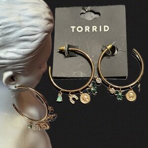 Torrid Gold-Tone Open Hoop Charm Earrings Green Four Leaf Clover Horseshoe Coin